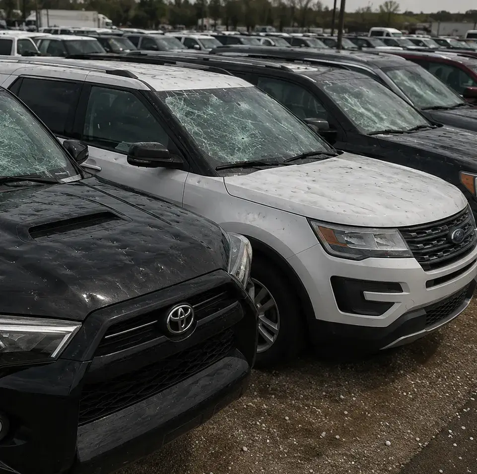 Storm-damaged dealer vehicle inventory after hail storm