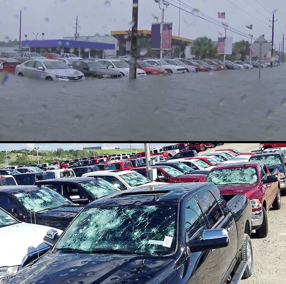 Storm damaged dealer vehicle inventory after flooding and hail